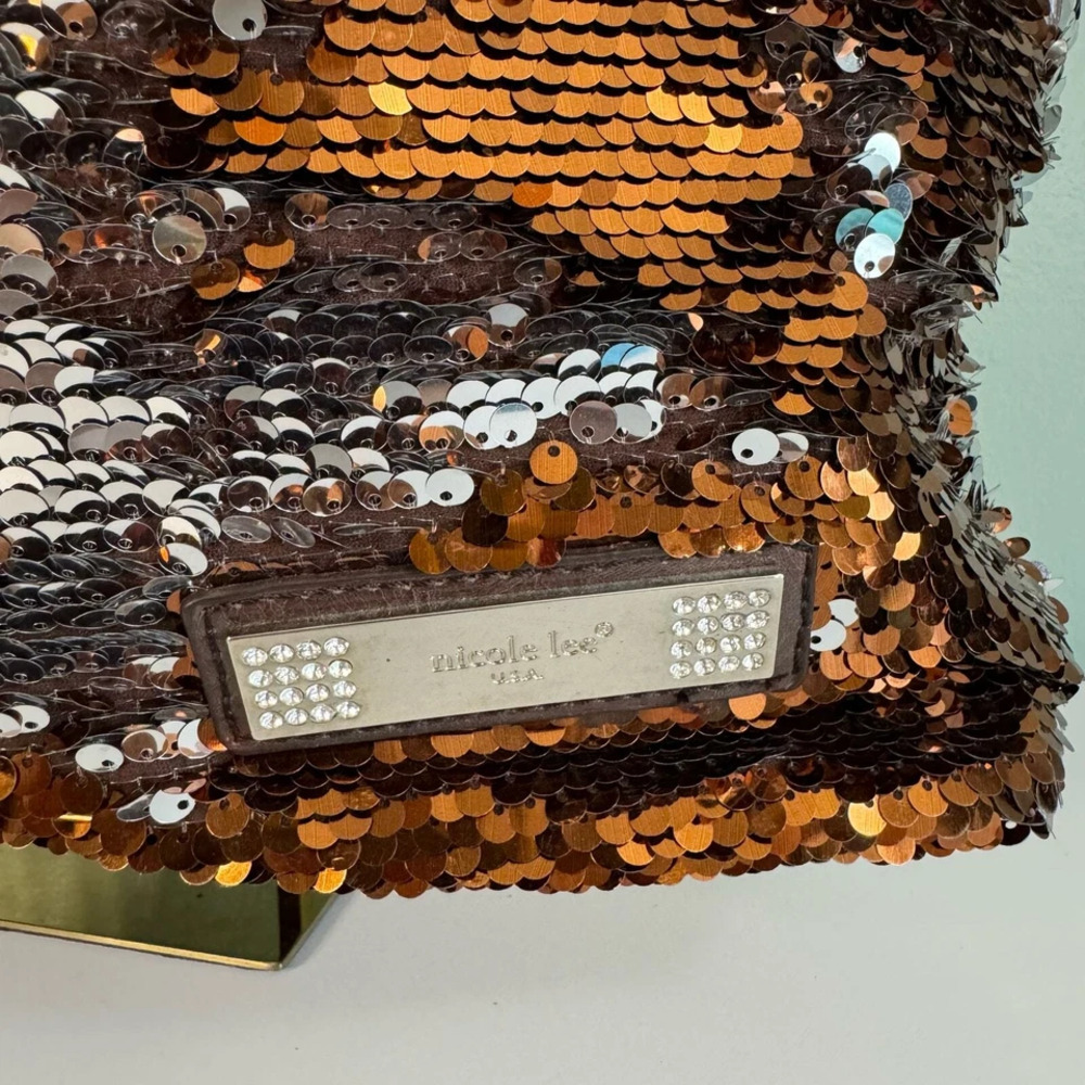 NICOLE LEE  USA Shoulder Satchel Bag Golden Sequins Embellished Drawstring Brown - Picture 7 of 15